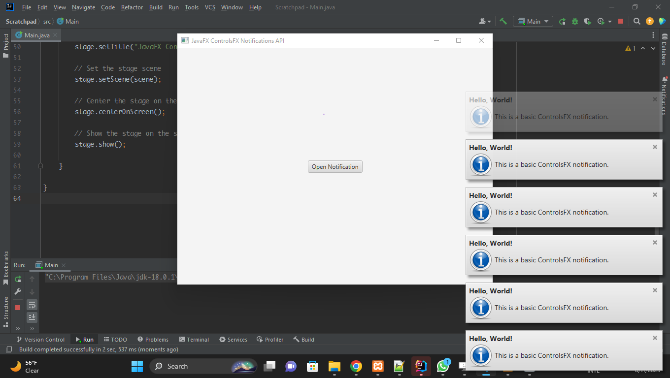 JavaFX ControlsFX Notifications API
